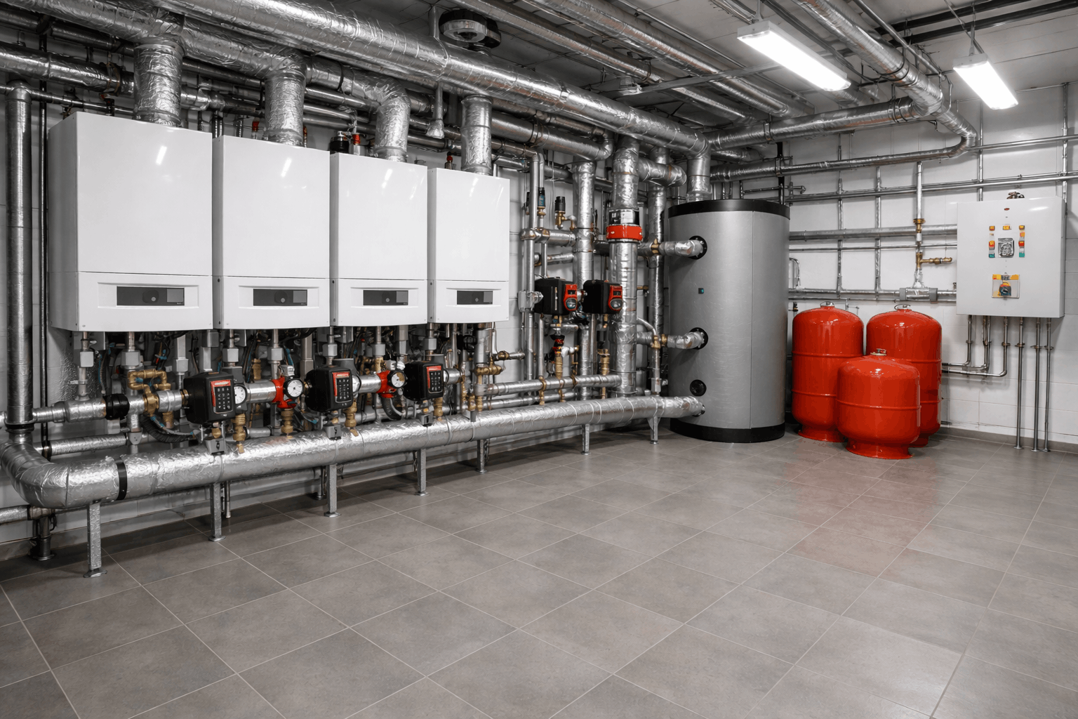 Commercial boiler room installation showing heating equipment serviced by Anglian PHE Ltd in Sudbury