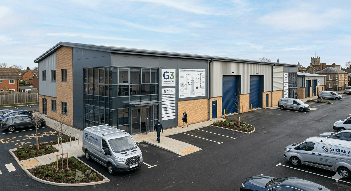 Commercial building exterior view in Sudbury requiring commercial hot water system services