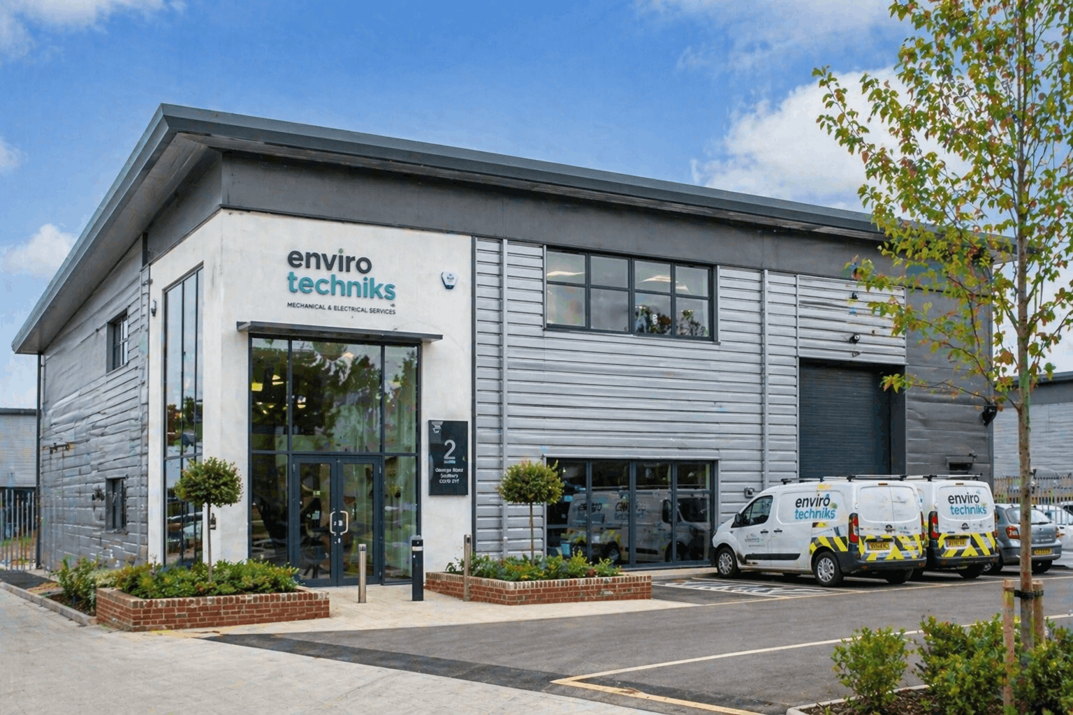 Modern commercial building in Sudbury town centre requiring expert commercial boiler installation services