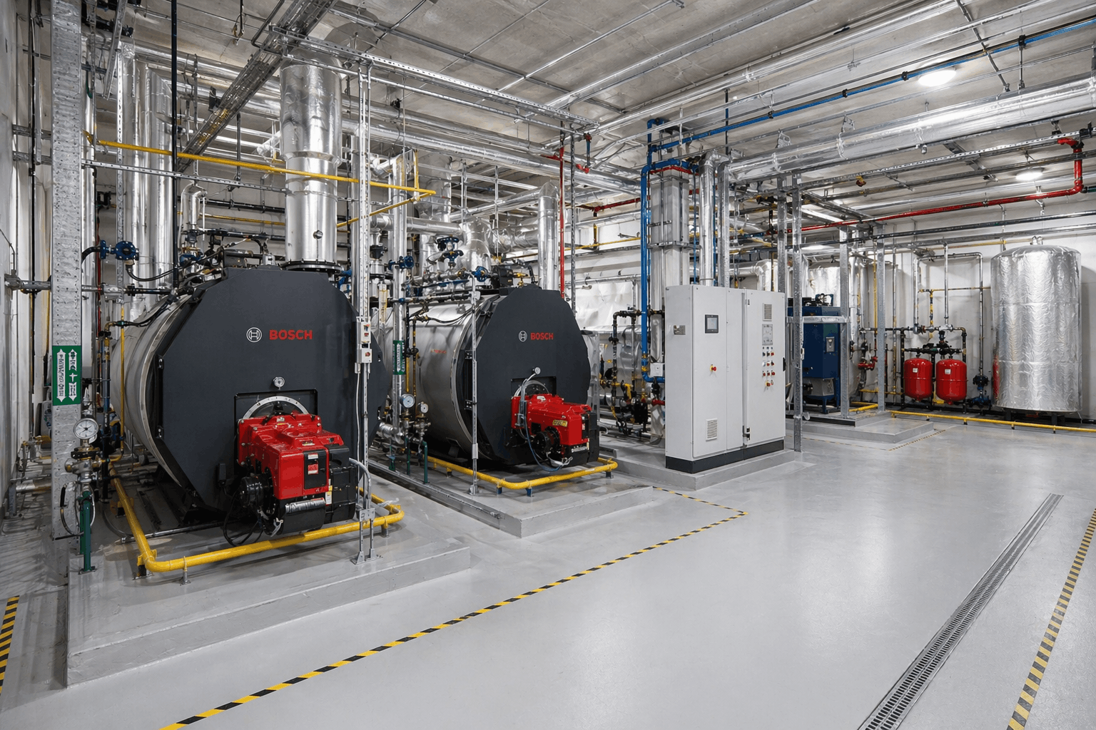 Large commercial heating plant installation underway in Sudbury industrial facility showing scale of project