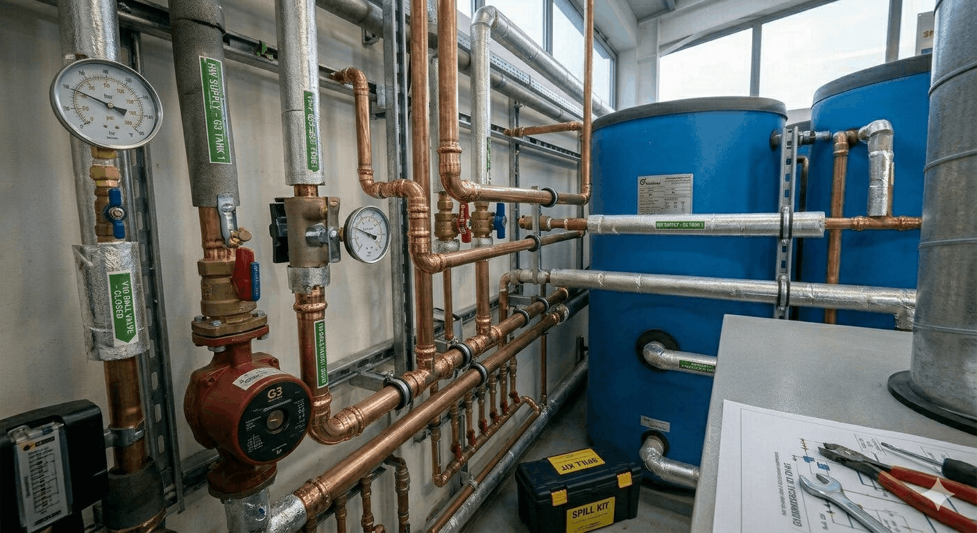 Detailed view of commercial hot water system pipework and valves in Sudbury plant room