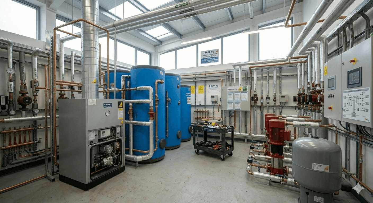 Professional commercial hot water plant room layout showing multiple cylinders in Sudbury facility
