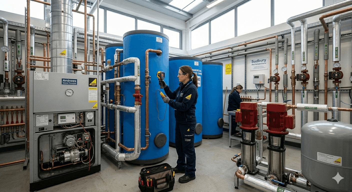 Gas Safe engineer conducting thorough inspection of commercial hot water tank in Sudbury