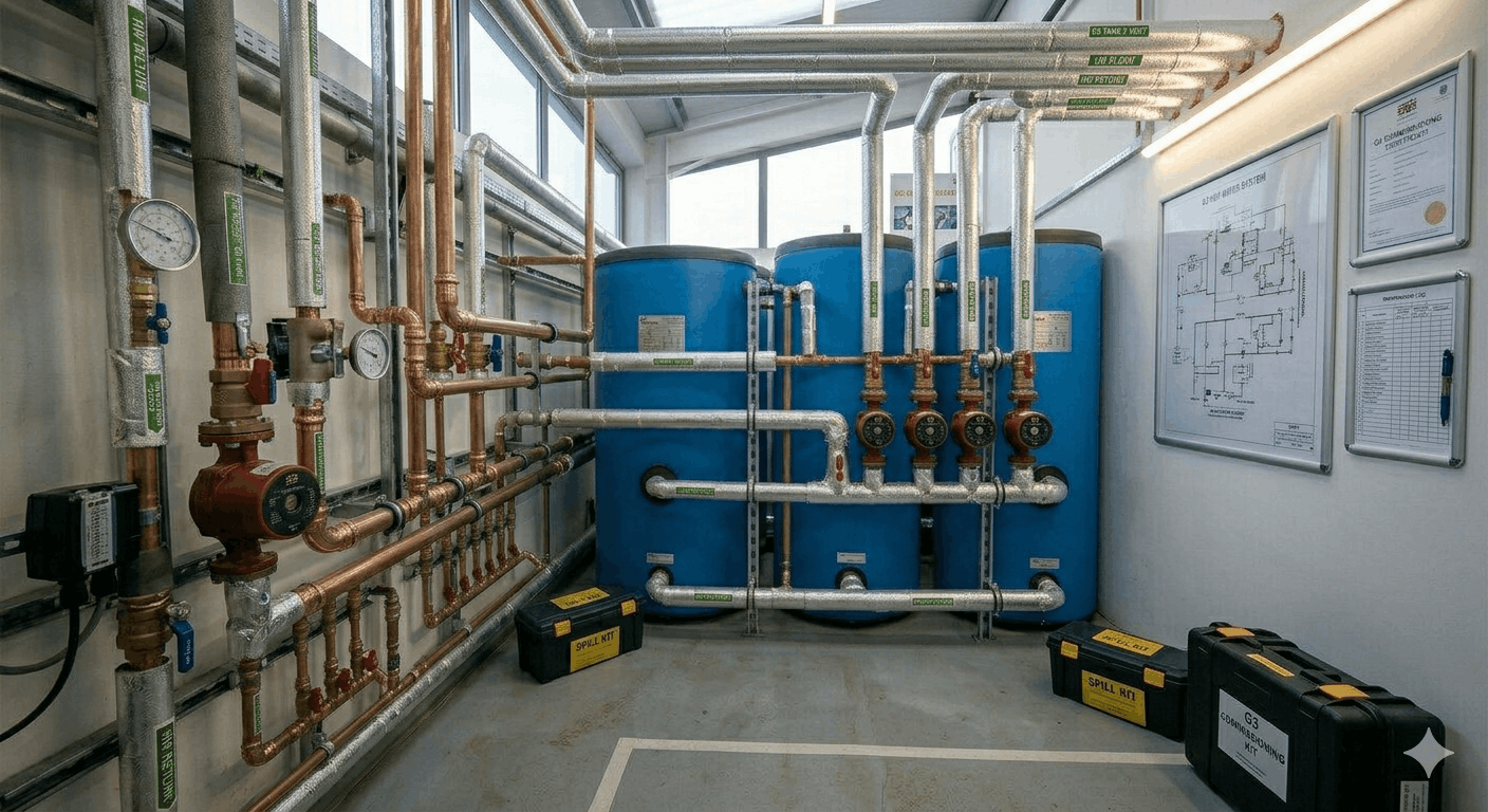 Completed commercial hot water system installation showing cylinders and controls in Sudbury premises