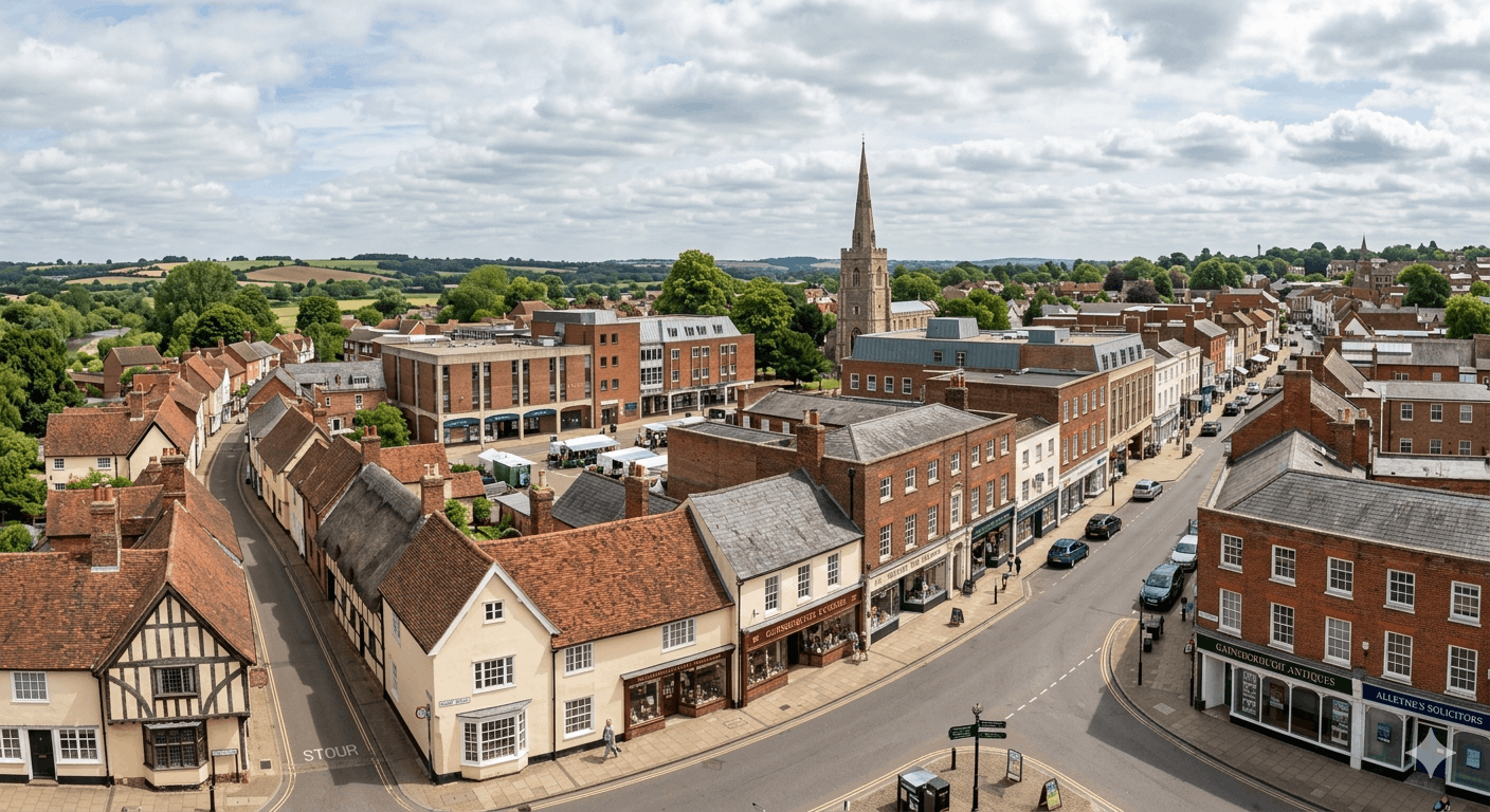 Aerial view of Sudbury town centre commercial district served by Anglian PHE commercial services