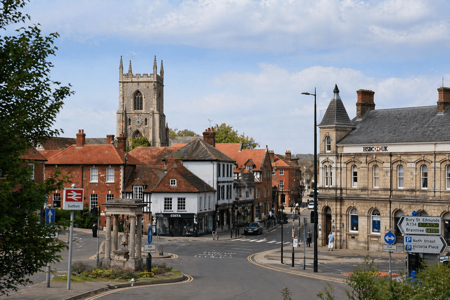 Sudbury town centre commercial area where Anglian PHE provides boiler replacement services