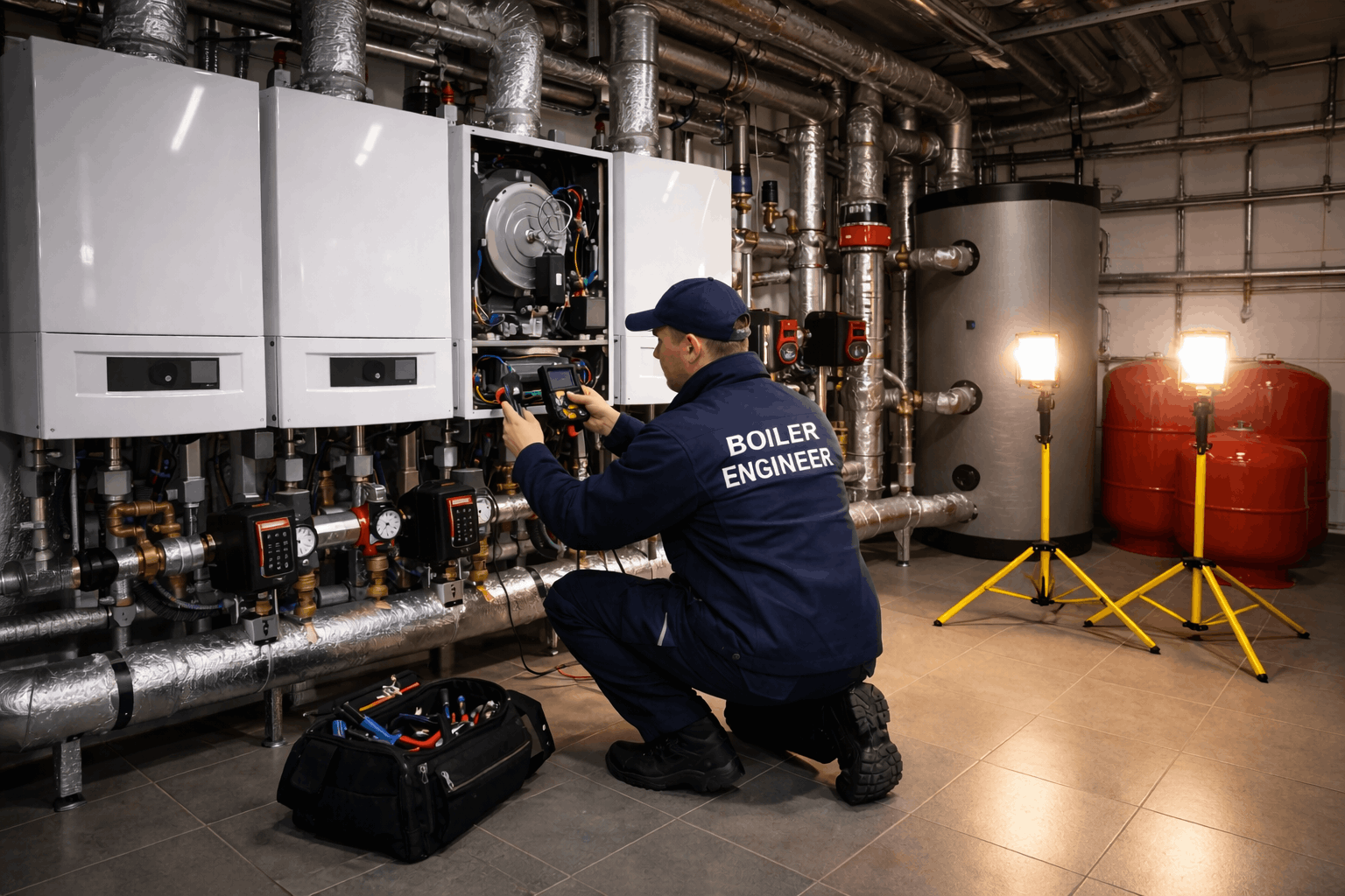 Urgent commercial boiler breakdown emergency repair service being performed by qualified engineer in Sudbury