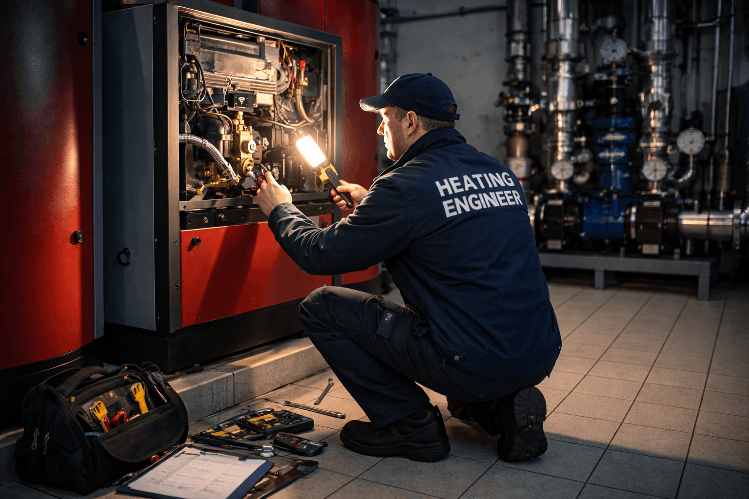 Emergency commercial boiler response scene with Gas Safe engineer arriving at business premises in Saffron Walden