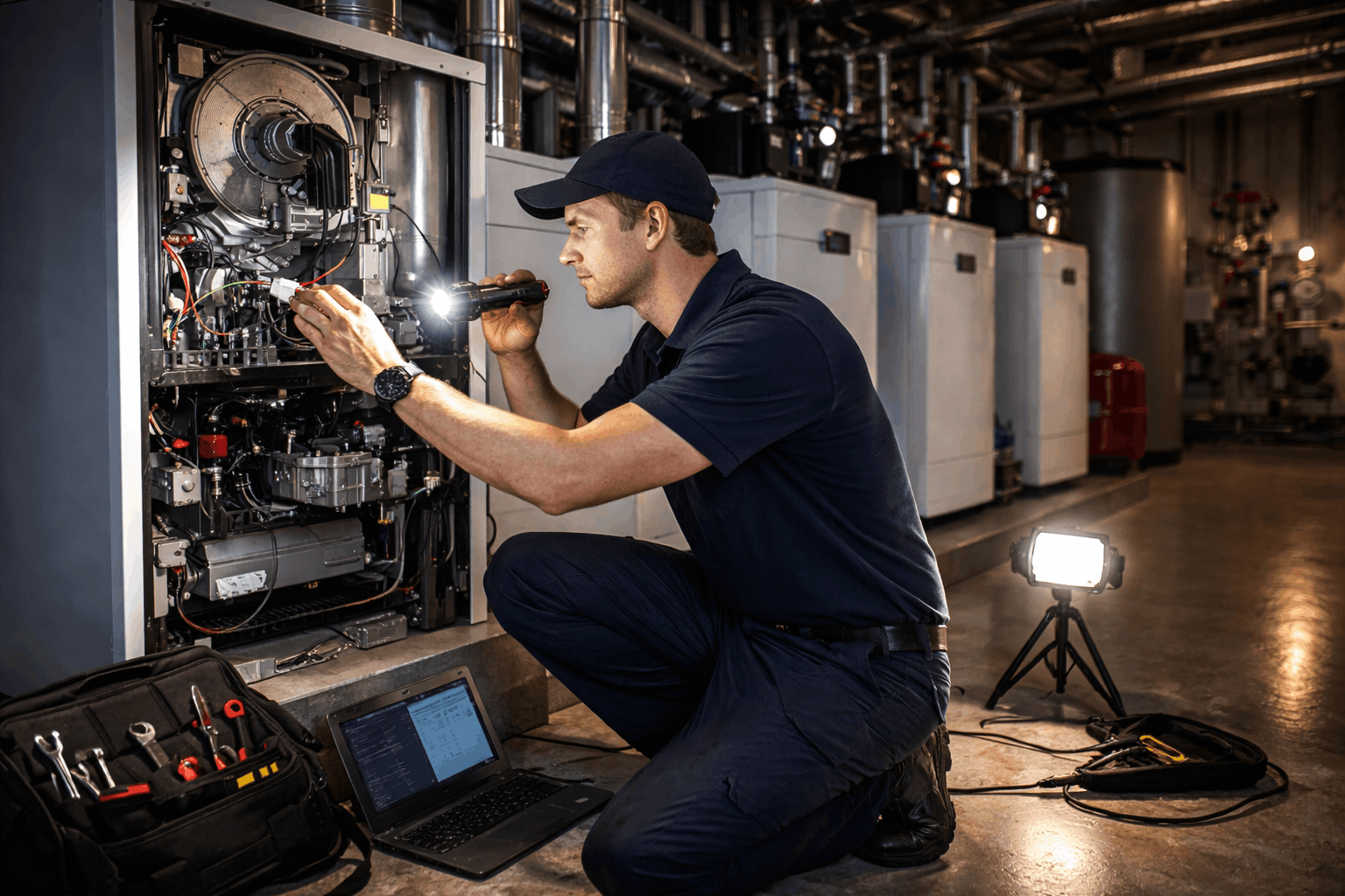 Emergency commercial boiler repair scene showing urgent heating system fault attended in Cambridge