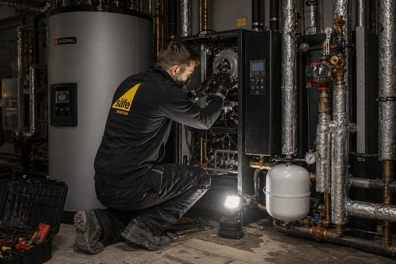 Emergency commercial hot water breakdown repair being carried out in Haverhill business