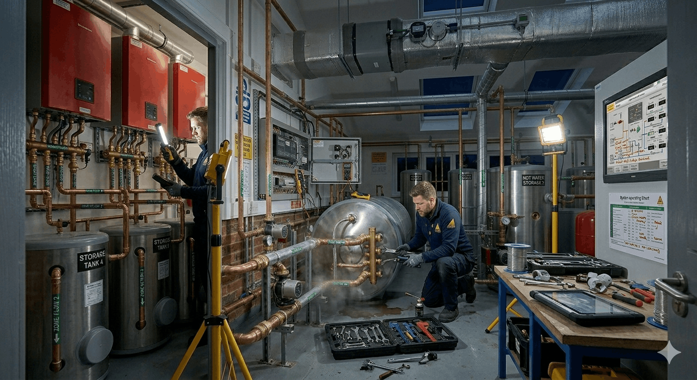 Emergency hot water breakdown repair being completed by Anglian PHE engineer at Saffron Walden commercial site