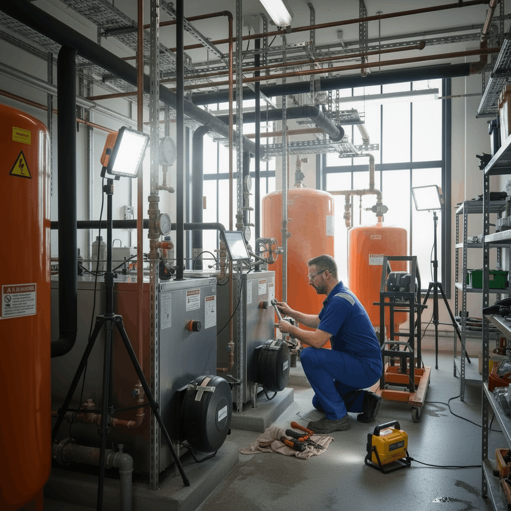 Emergency commercial hot water system repair being carried out in Great Dunmow business premises