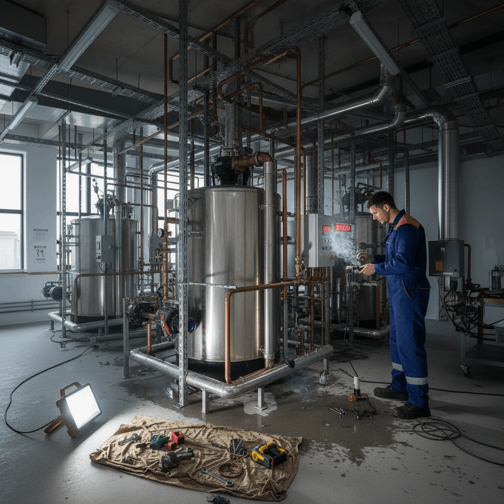 Emergency commercial hot water system repair being conducted in Halstead business premises