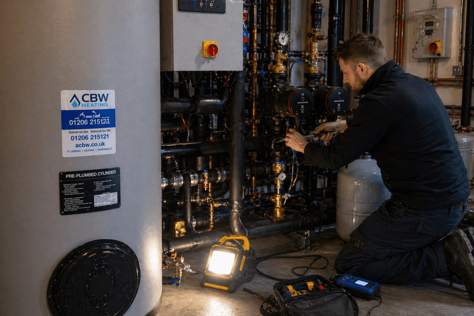 Emergency hot water system repair being carried out by qualified engineer in Braintree business