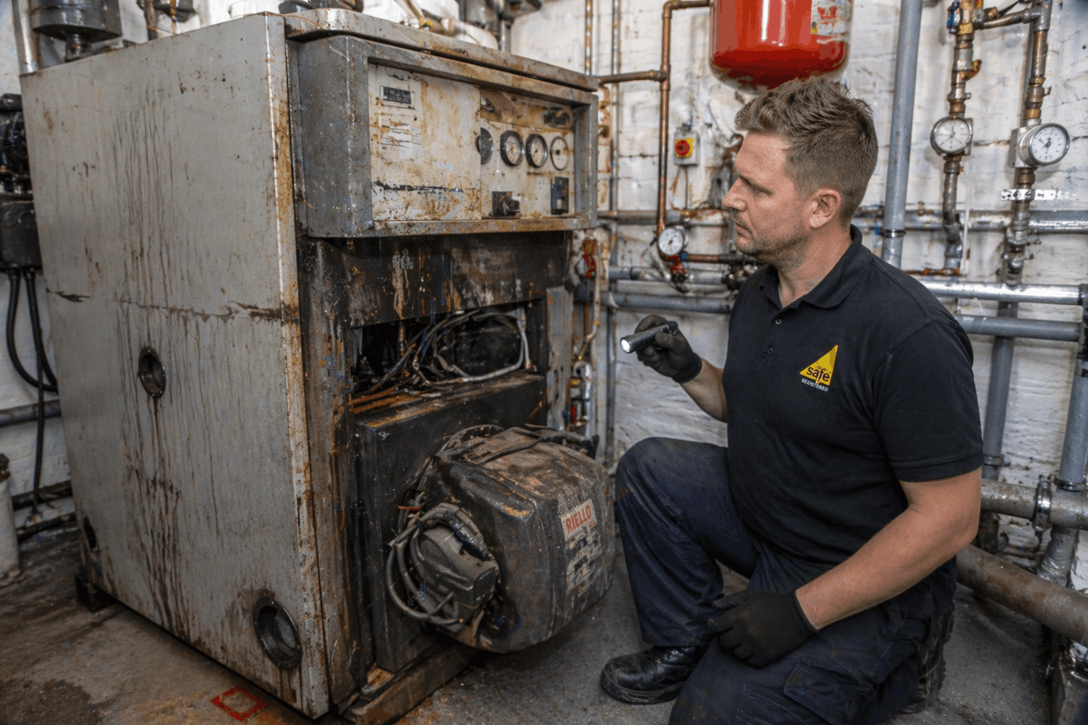 Engineer inspecting worn commercial boiler in Colchester requiring professional replacement service