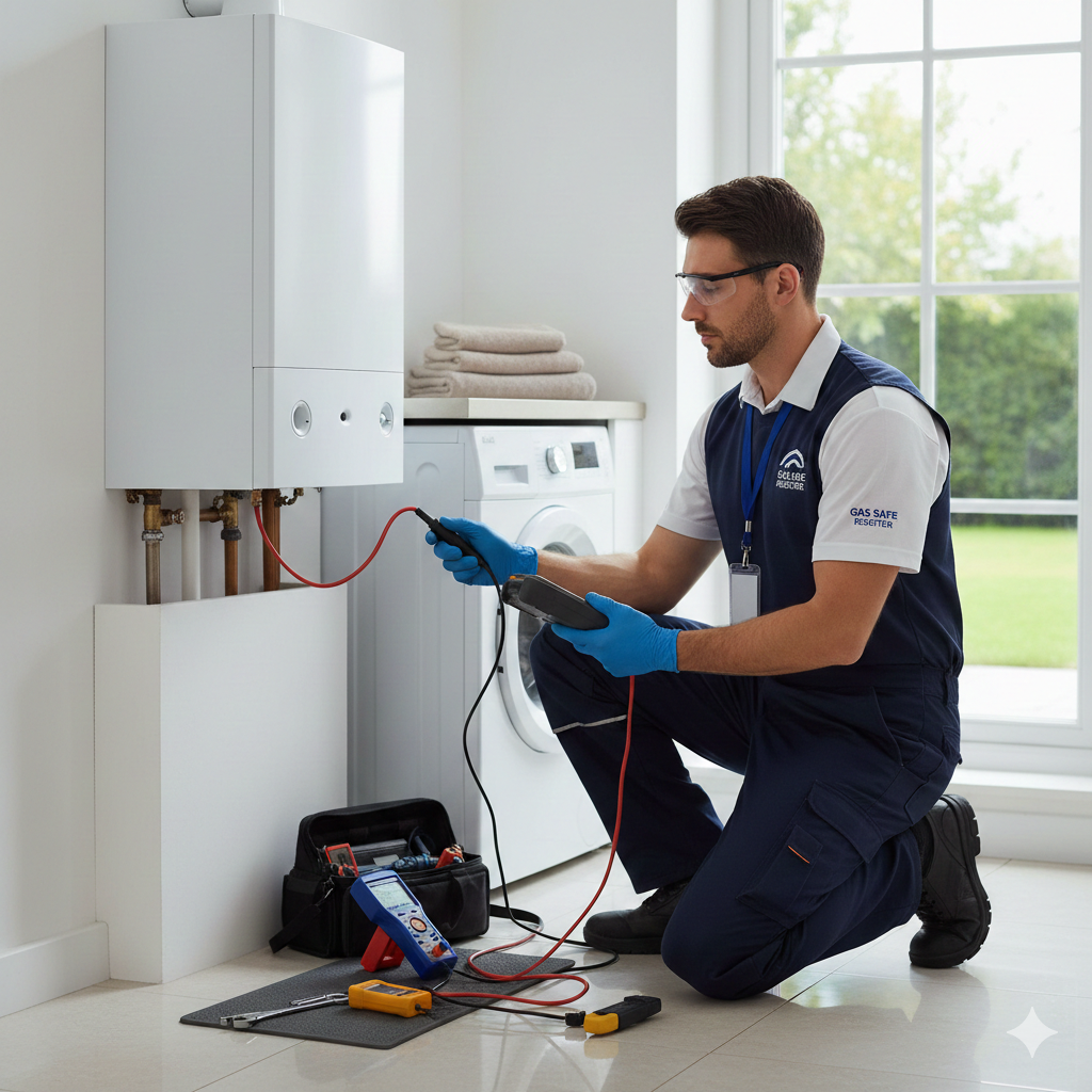 Gas Safe registered engineer inspecting a boiler with diagnostic tools