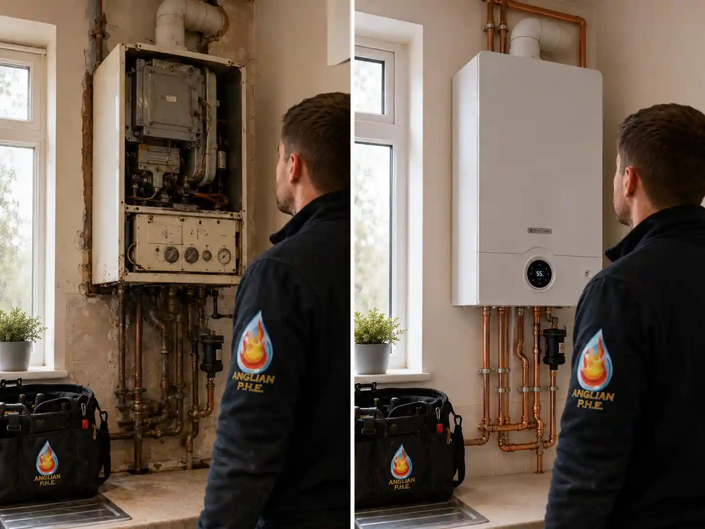 Before and after boiler repair and upgrade by Anglian PHE