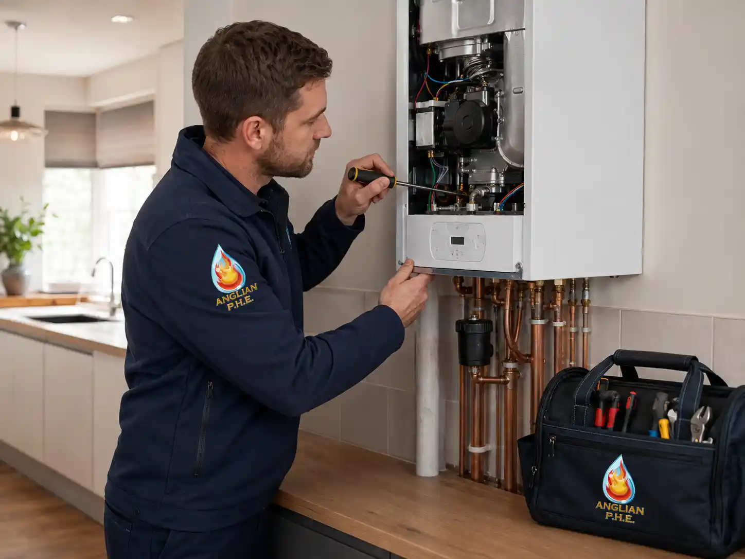 Engineer servicing a boiler