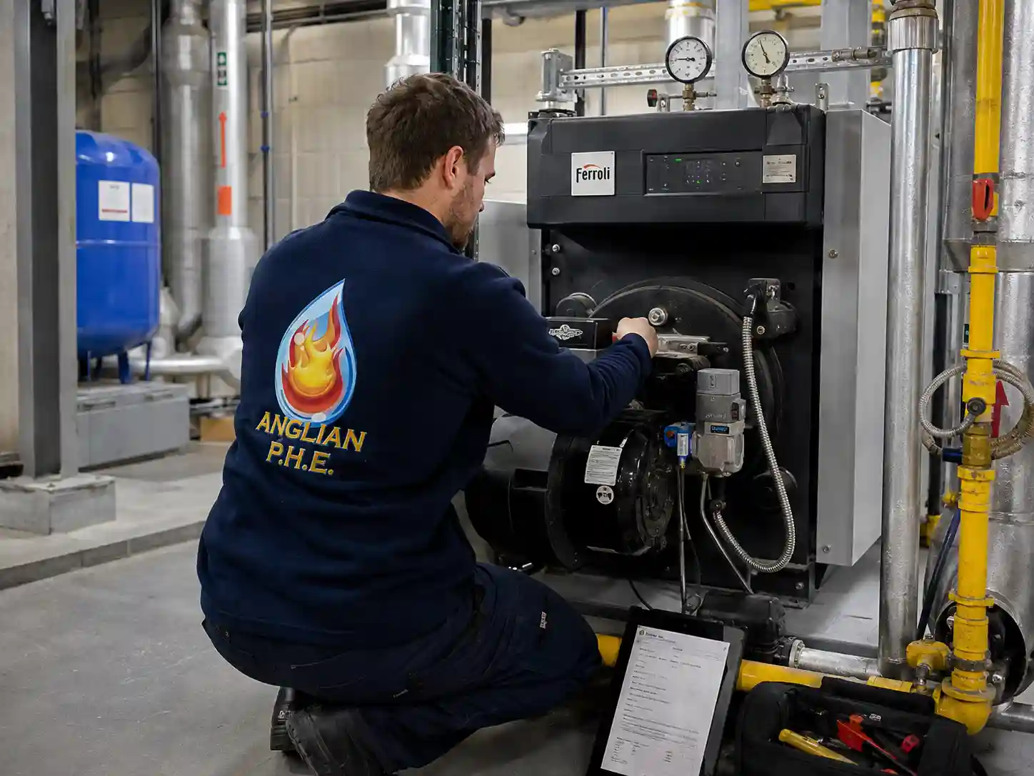 Commercial boiler room heating engineer working