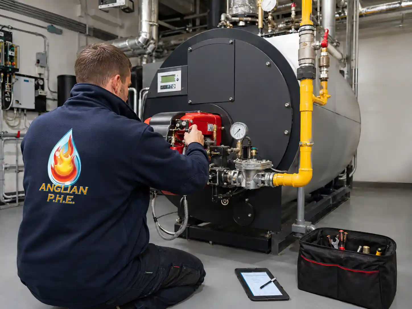 Engineer servicing a commercial boiler